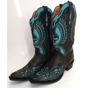 JB Dillon Boots Black Turquoise Wing Cross Inlay Goat Leather - Ladies size 9 B